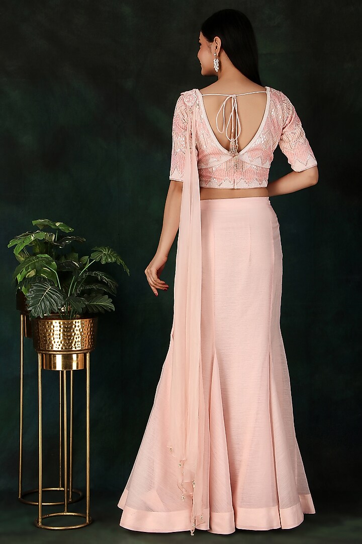 Pink Tissue & Georgette Pearl Work Draped Wedding Saree Set by Nidhi Kejriwal at Pernia's Pop Up Shop