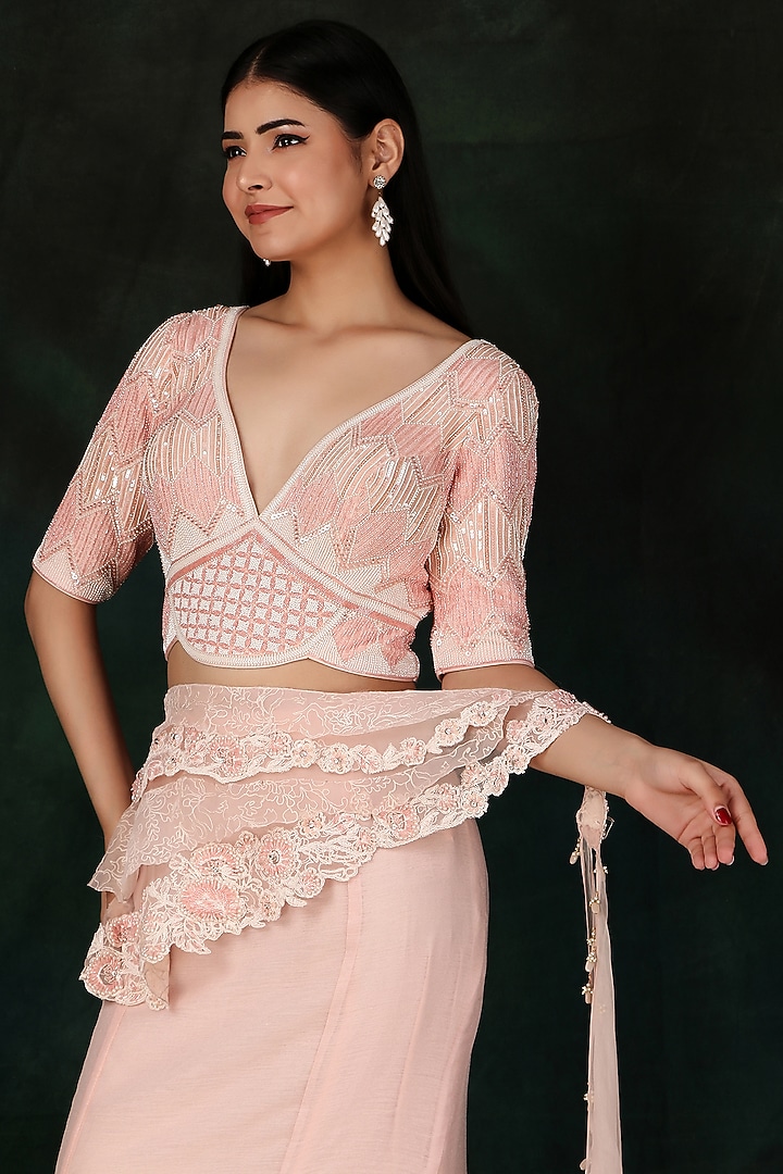 Pink Tissue & Georgette Pearl Work Draped Wedding Saree Set by Nidhi Kejriwal at Pernia's Pop Up Shop