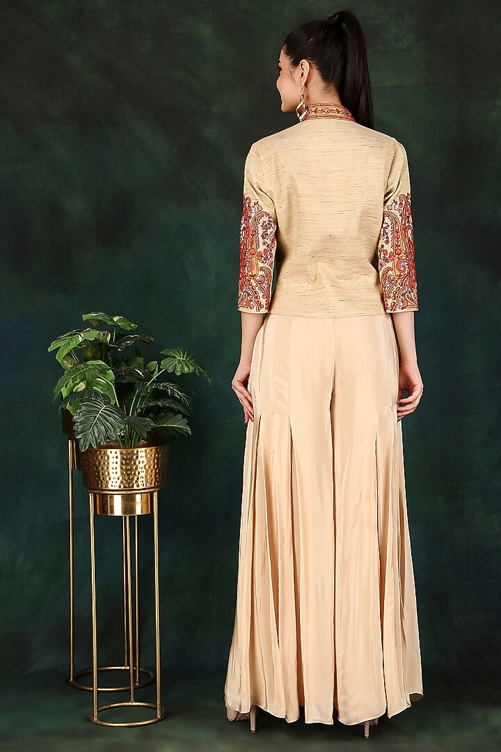 Beige Crepe & Tissue Chanderi Thread Work Jacket Set by Nidhi Kejriwal at Pernia's Pop Up Shop