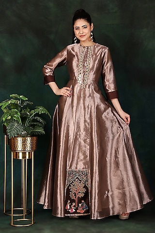 Brown Copper Tissue & Dolla Silk Thread Work Anarkali by Nidhi Kejriwal