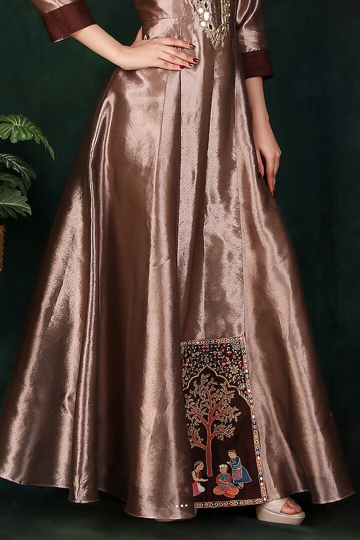 Brown Copper Tissue & Dolla Silk Thread Work Party Wear Anarkali by Nidhi Kejriwal at Pernia's Pop Up Shop