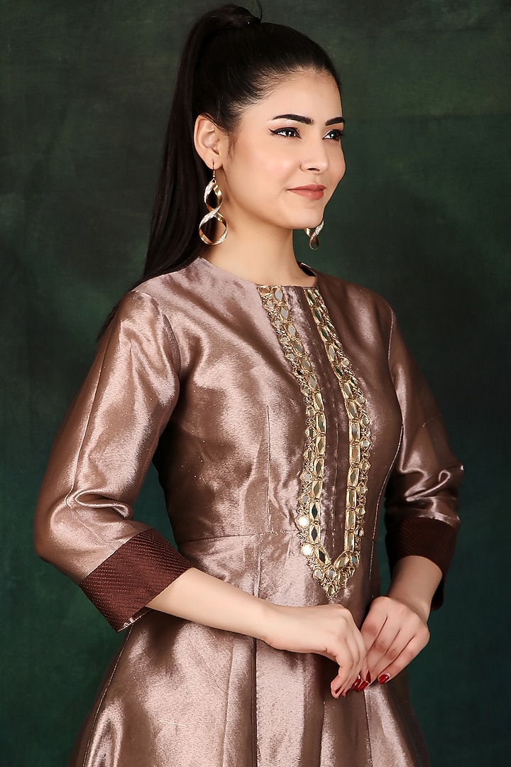 Brown Copper Tissue & Dolla Silk Thread Work Party Wear Anarkali by Nidhi Kejriwal at Pernia's Pop Up Shop