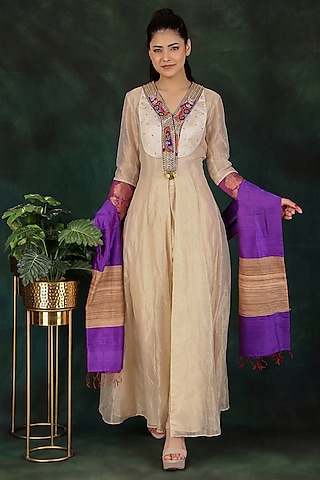 Cream Stripe Tissue & Dolla Silk Thread Work Anarkali Set by Nidhi Kejriwal