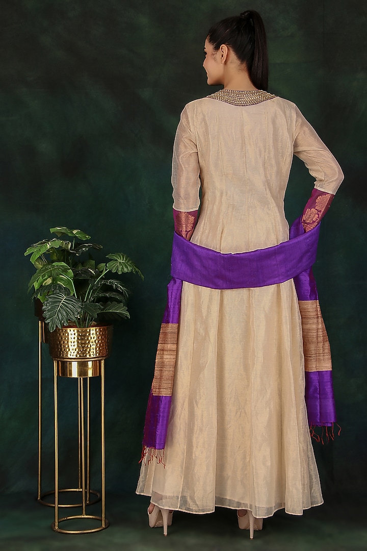 Cream Stripe Tissue & Dolla Silk Thread Work Party Wear Anarkali Set by Nidhi Kejriwal at Pernia's Pop Up Shop