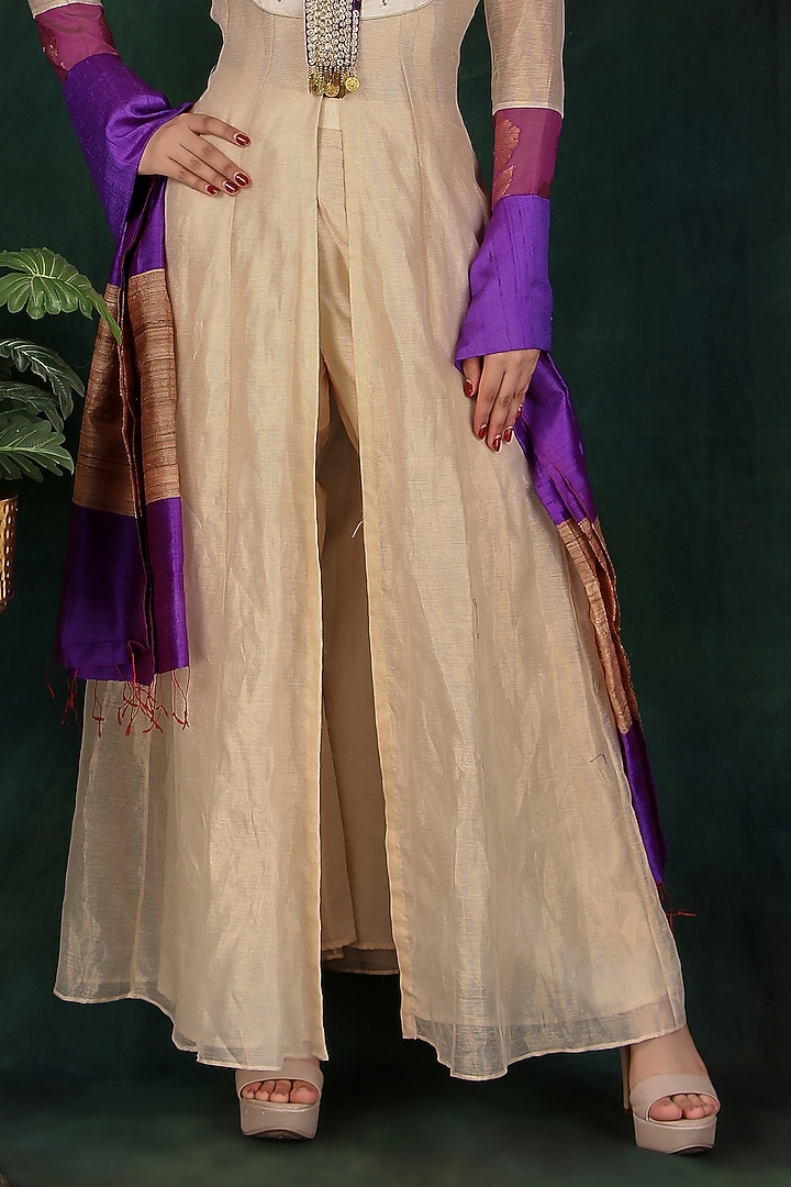 Cream Stripe Tissue & Dolla Silk Thread Work Party Wear Anarkali Set by Nidhi Kejriwal at Pernia's Pop Up Shop