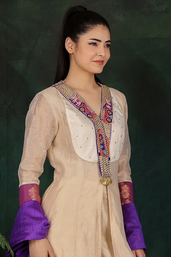 Cream Stripe Tissue & Dolla Silk Thread Work Party Wear Anarkali Set by Nidhi Kejriwal at Pernia's Pop Up Shop