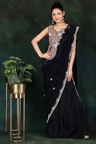 Blue Crushed Palazzo Pant Saree Set by Nidhi Kejriwal