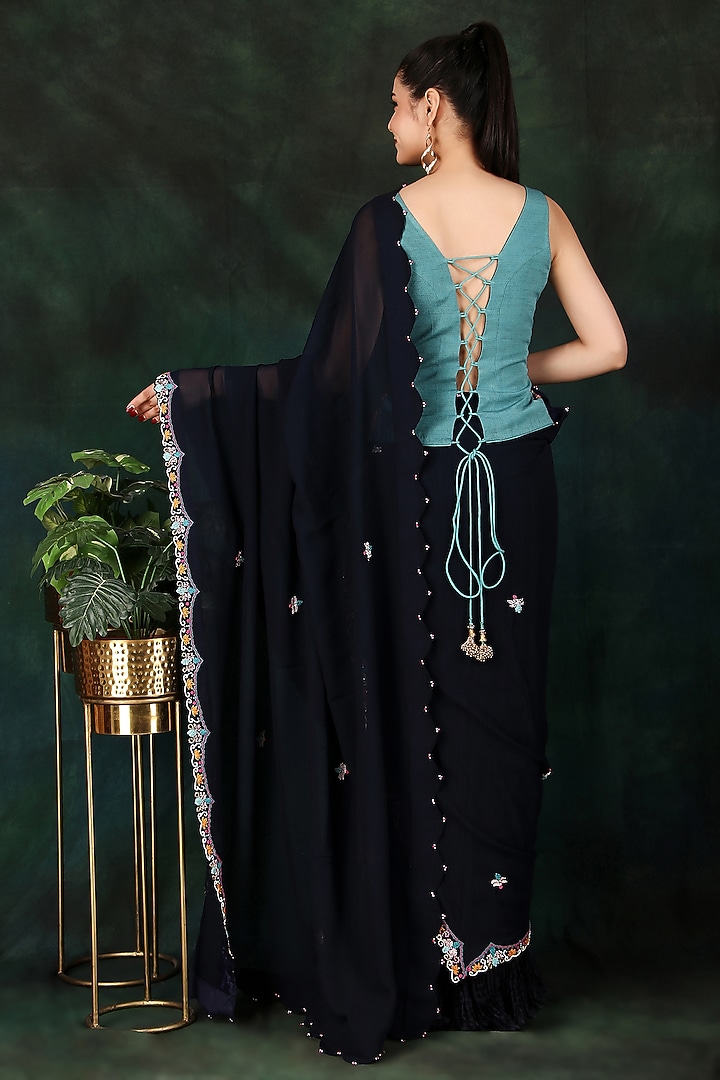 Blue Crushed Palazzo Pant Party Wear Saree Set by Nidhi Kejriwal at Pernia's Pop Up Shop