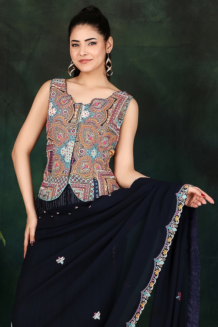 Blue Crushed Palazzo Pant Party Wear Saree Set by Nidhi Kejriwal at Pernia's Pop Up Shop