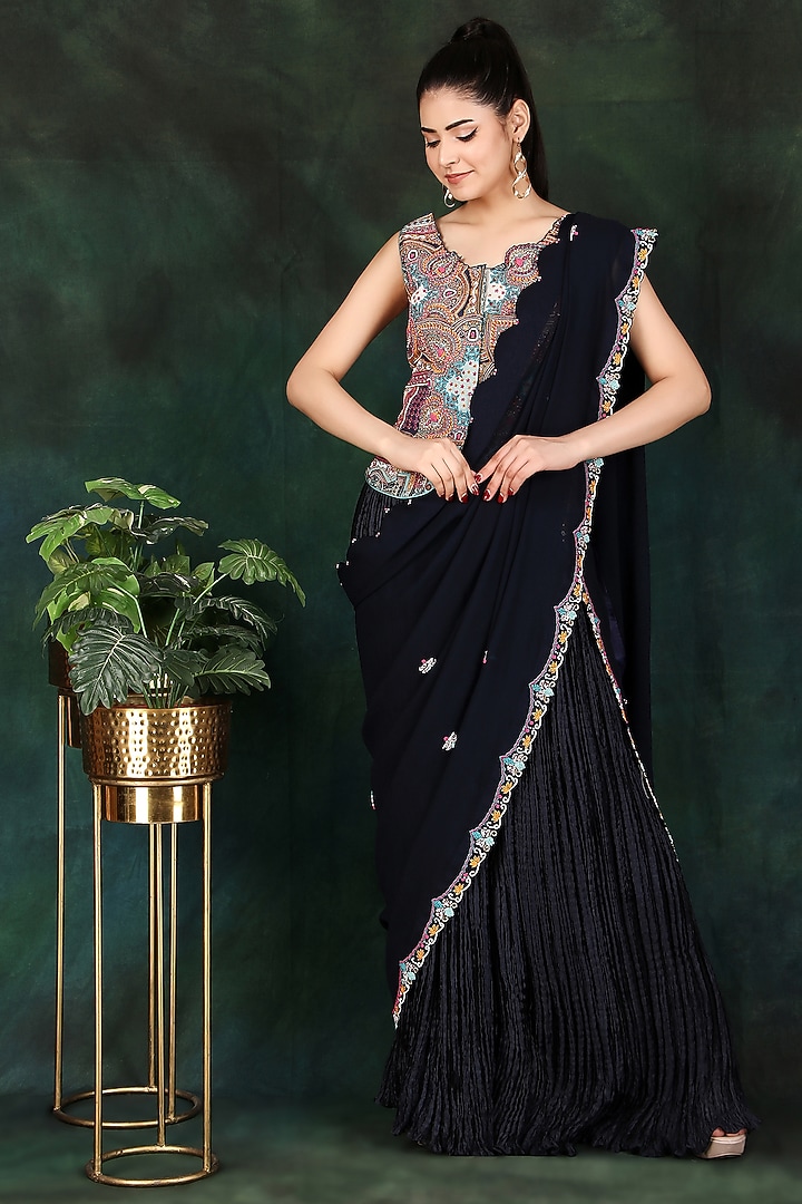 Blue Crushed Palazzo Pant Party Wear Saree Set by Nidhi Kejriwal at Pernia's Pop Up Shop