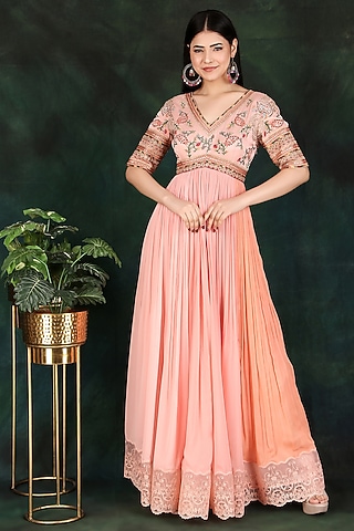 Peach Shaded Georgette & Organza Lace Sequins Work Anarkali by Nidhi Kejriwal