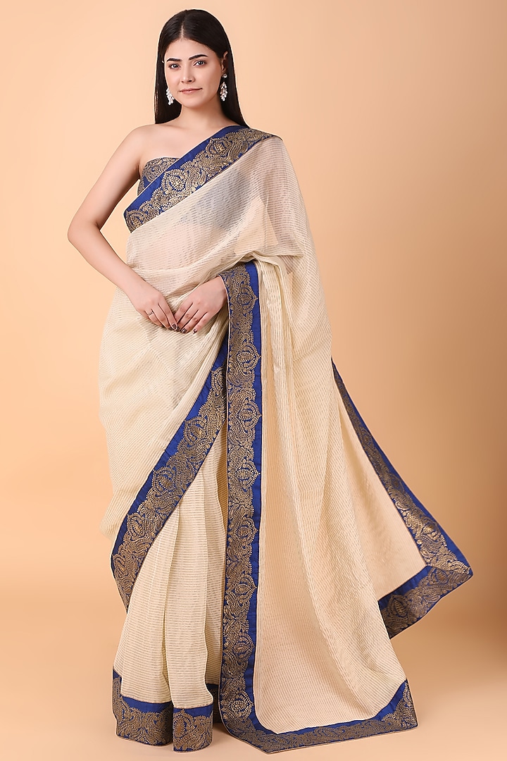 Cream Tissue Pitta Work Striped Saree Set by Nidhi Kejriwal at Pernia's Pop Up Shop