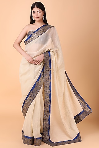 Cream Tissue Pitta Work Striped Saree Set by Nidhi Kejriwal