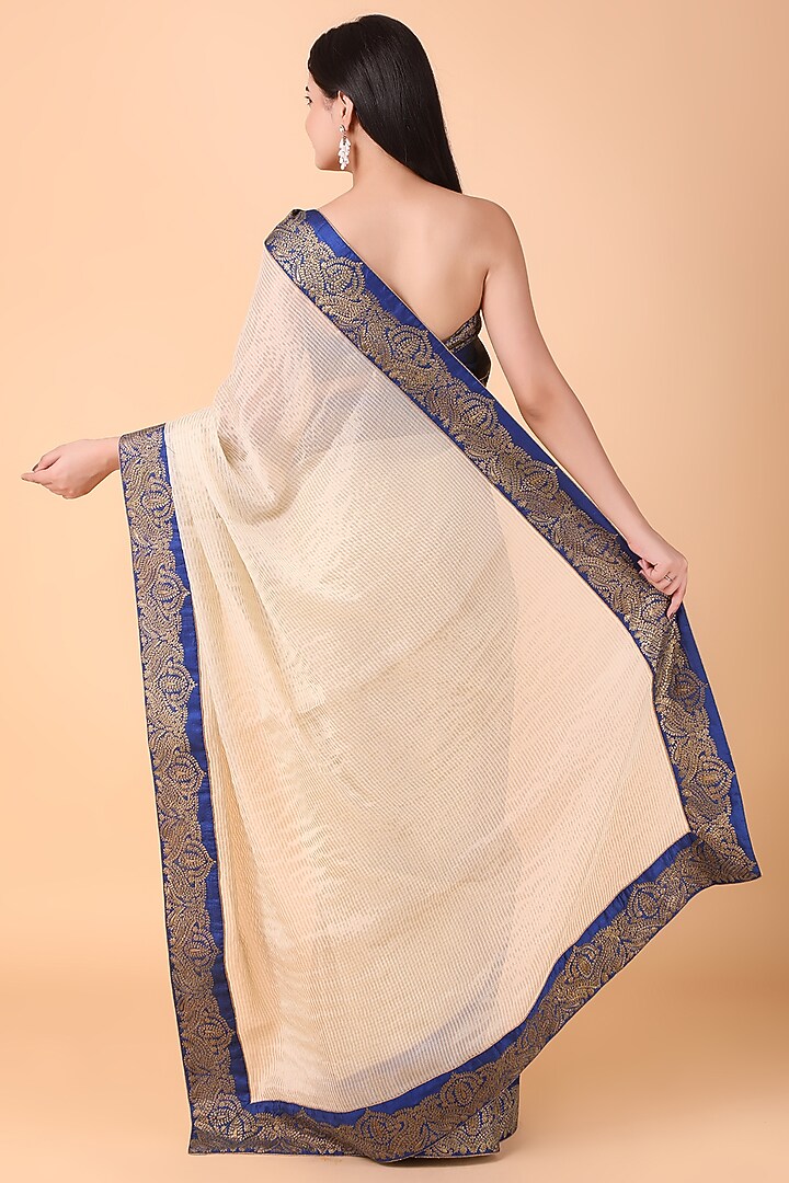 Cream Tissue Pitta Work Striped Wedding Saree Set by Nidhi Kejriwal at Pernia's Pop Up Shop