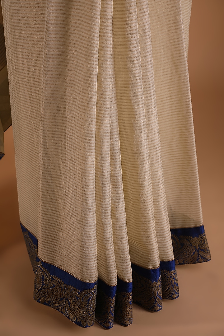 Cream Tissue Pitta Work Striped Wedding Saree Set by Nidhi Kejriwal at Pernia's Pop Up Shop