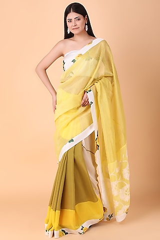 Yellow Crepe Saree Set by Nidhi Kejriwal