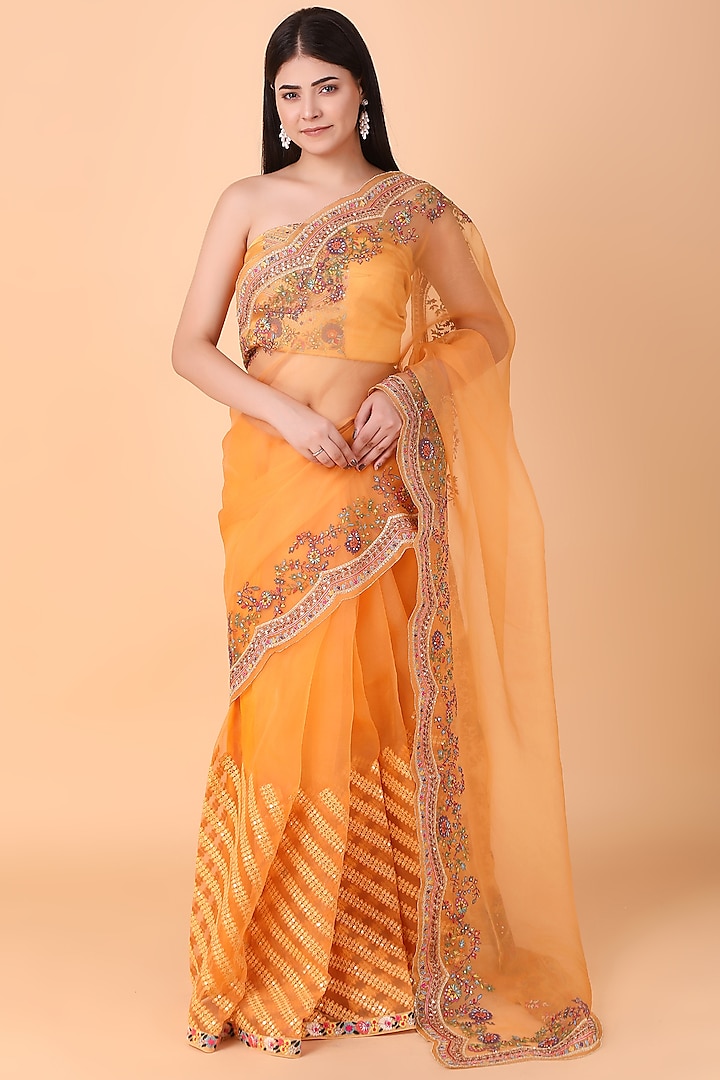 Orange Organza Thread Work Saree Set by Nidhi Kejriwal at Pernia's Pop Up Shop