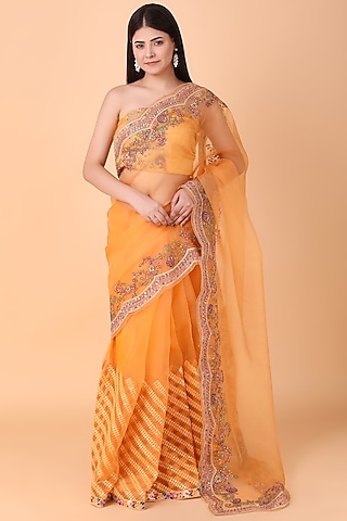 Orange Organza Thread Work Saree Set by Nidhi Kejriwal