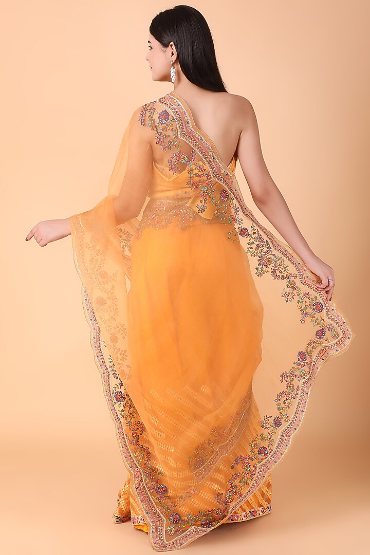 Orange Organza Thread Work Wedding Saree Set by Nidhi Kejriwal at Pernia's Pop Up Shop