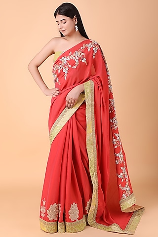 Carrot Colored Flat Chiffon Knotted Work Saree Set by Nidhi Kejriwal