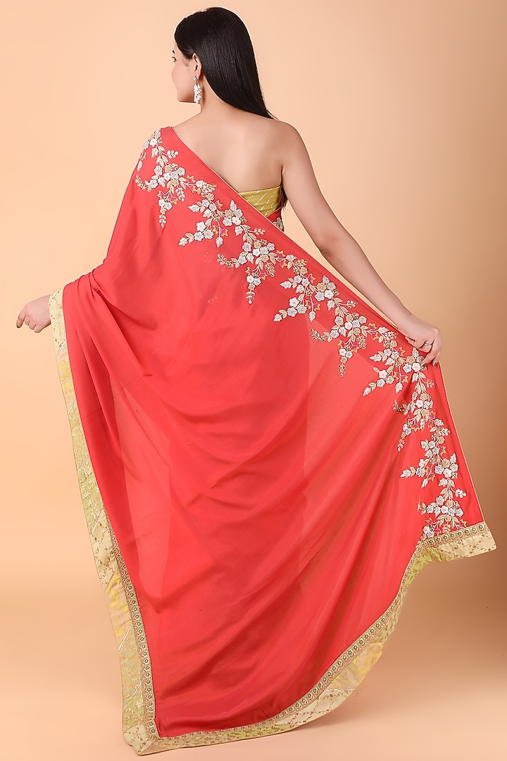 Carrot Colored Flat Chiffon Knotted Work Party Wear Saree Set by Nidhi Kejriwal at Pernia's Pop Up Shop