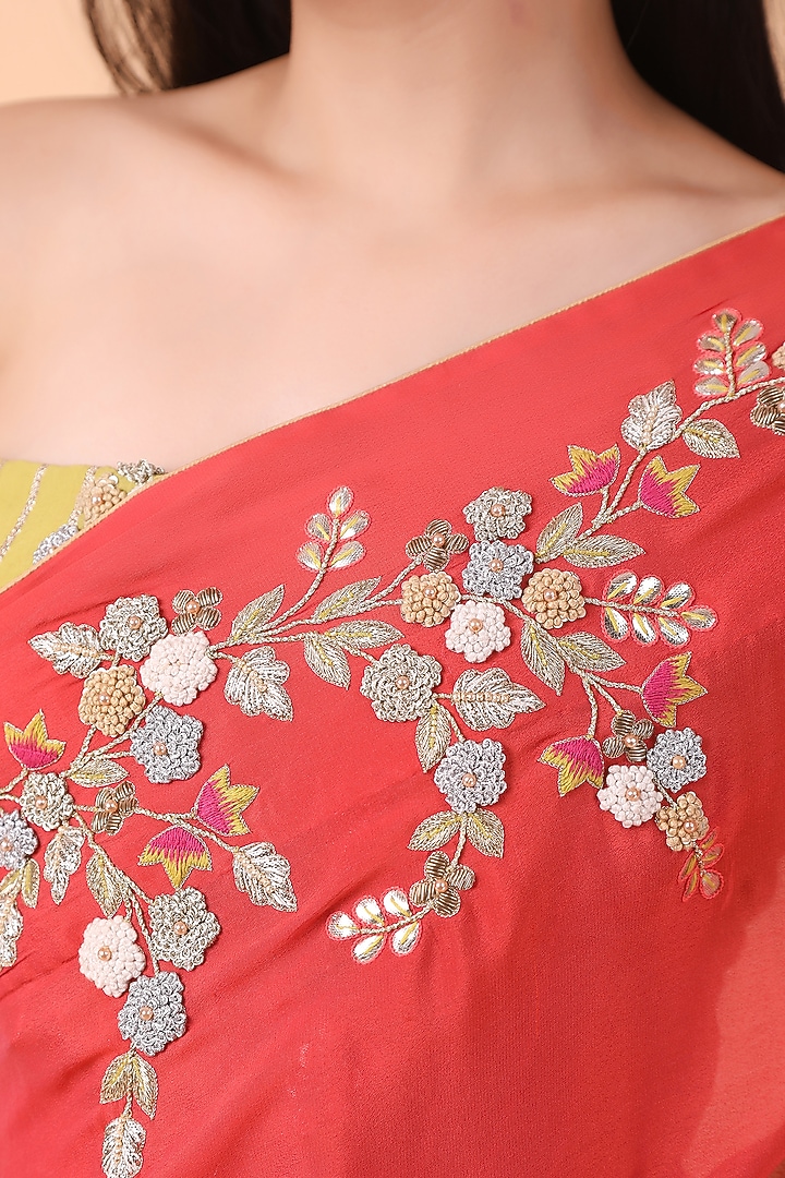 Carrot Colored Flat Chiffon Knotted Work Party Wear Saree Set by Nidhi Kejriwal at Pernia's Pop Up Shop