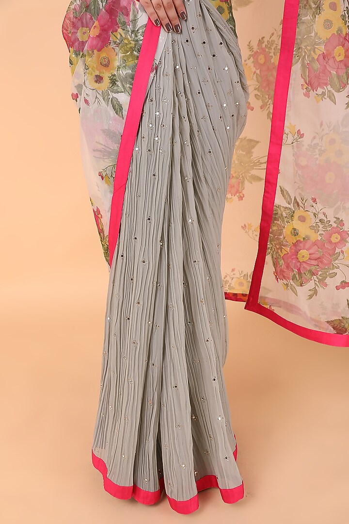 Green Crushed & Organza Floral Party Wear Saree Set by Nidhi Kejriwal at Pernia's Pop Up Shop