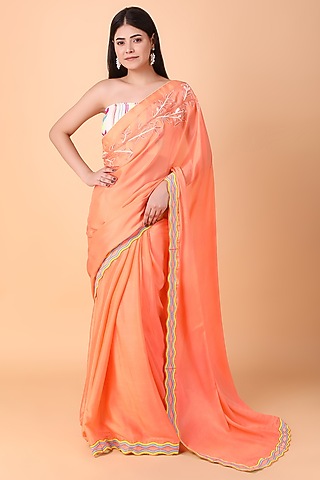 Orange Chinon Chiffon Saree Set by Nidhi Kejriwal