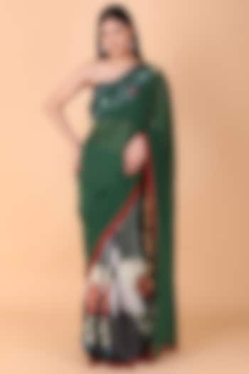 Bottle Green Crepe & Chiffon Thread Work Saree Set by Nidhi Kejriwal at Pernia's Pop Up Shop