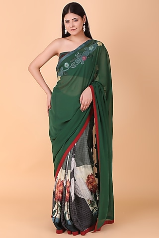 Bottle Green Crepe & Chiffon Thread Work Saree Set by Nidhi Kejriwal