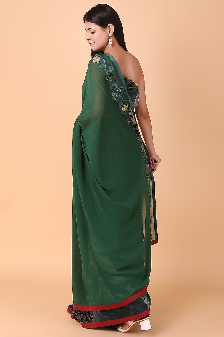 Bottle Green Crepe & Chiffon Thread Work Party Wear Saree Set by Nidhi Kejriwal at Pernia's Pop Up Shop