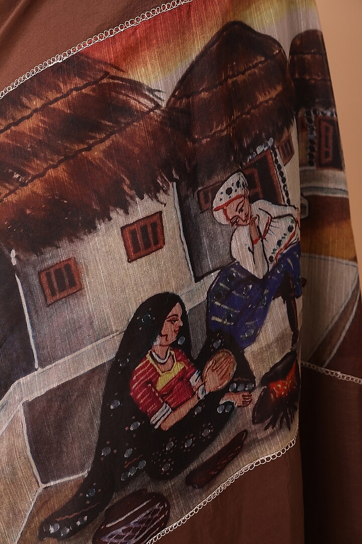 Brown Crepe Kalamkari printed Festive Saree Set by Nidhi Kejriwal at Pernia's Pop Up Shop