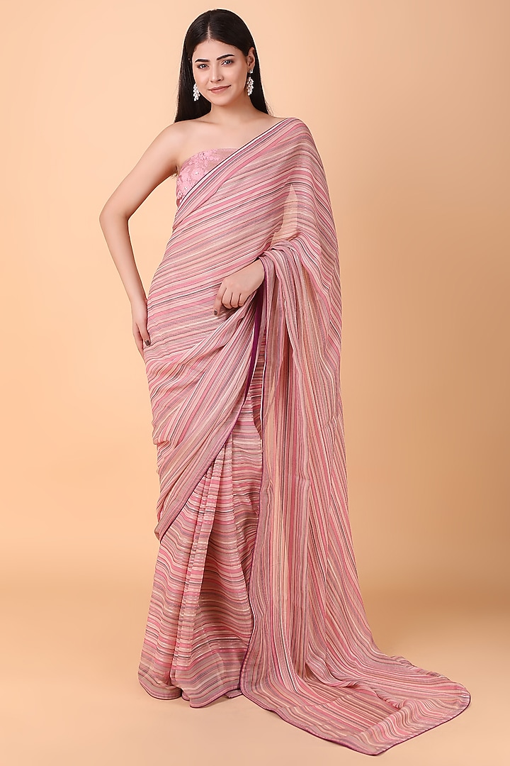 Pink Georgette Printed & Thread Work Saree Set by Nidhi Kejriwal at Pernia's Pop Up Shop