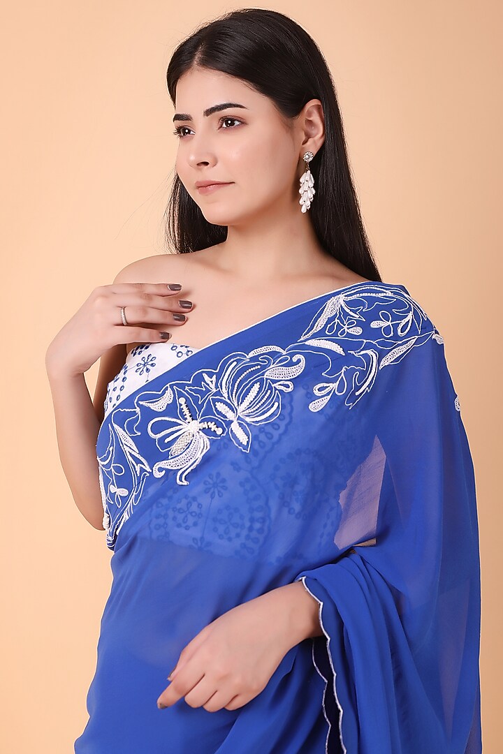 Blue Georgette Party Wear Saree Set by Nidhi Kejriwal at Pernia's Pop Up Shop