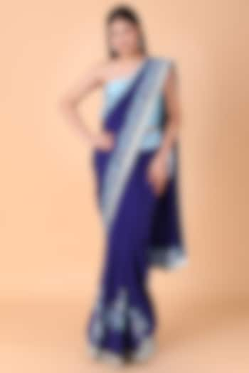 Blue & Firozi Silk Aari Thread Work Saree Set by Nidhi Kejriwal at Pernia's Pop Up Shop