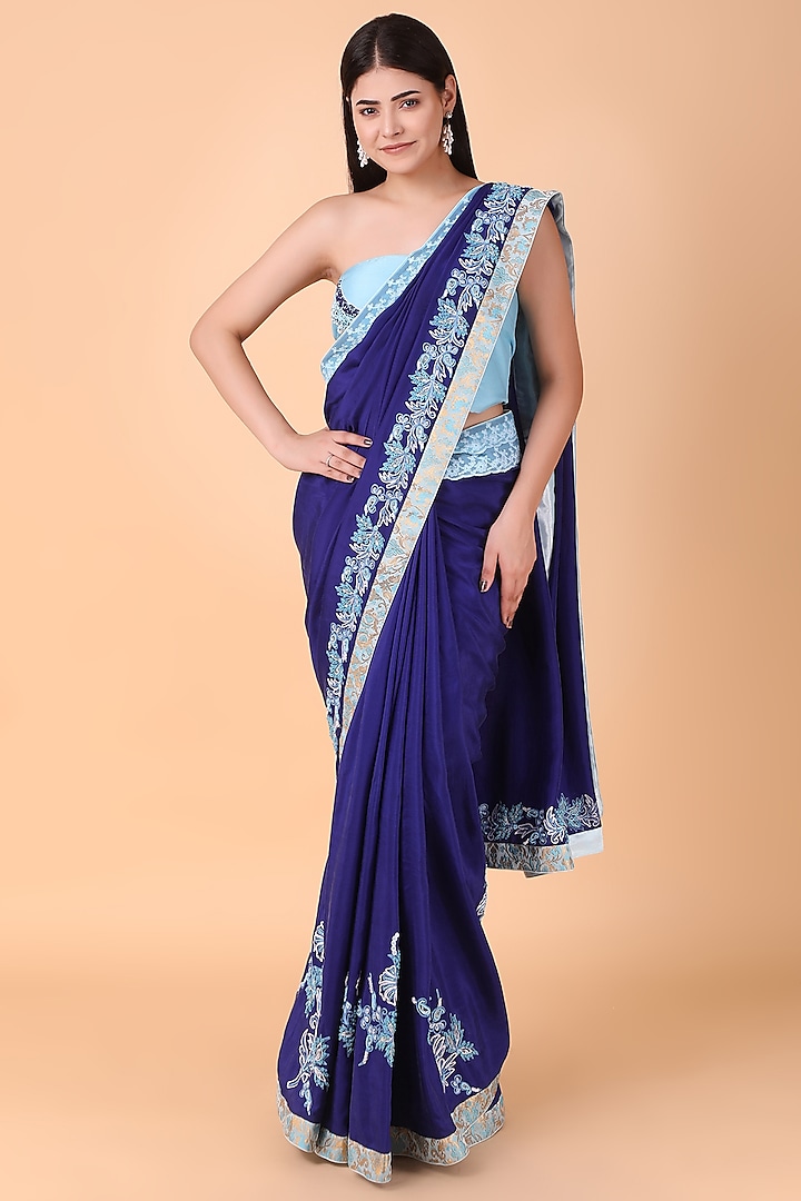 Blue & Firozi Silk Aari Thread Work Saree Set by Nidhi Kejriwal at Pernia's Pop Up Shop