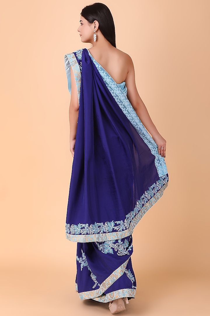 Blue & Firozi Silk Aari Thread Work Party Wear Saree Set by Nidhi Kejriwal at Pernia's Pop Up Shop