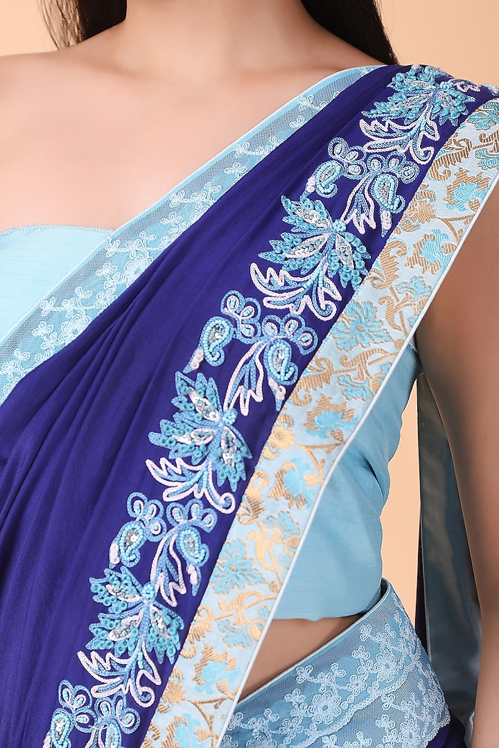 Blue & Firozi Silk Aari Thread Work Party Wear Saree Set by Nidhi Kejriwal at Pernia's Pop Up Shop