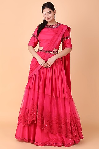 Magenta Pure Silk & Net Draped Saree Set by Nidhi Kejriwal