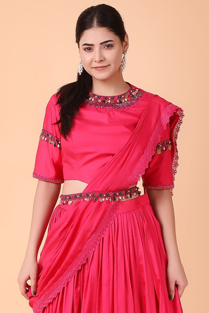 Magenta Pure Silk & Net Draped Wedding Saree Set by Nidhi Kejriwal at Pernia's Pop Up Shop