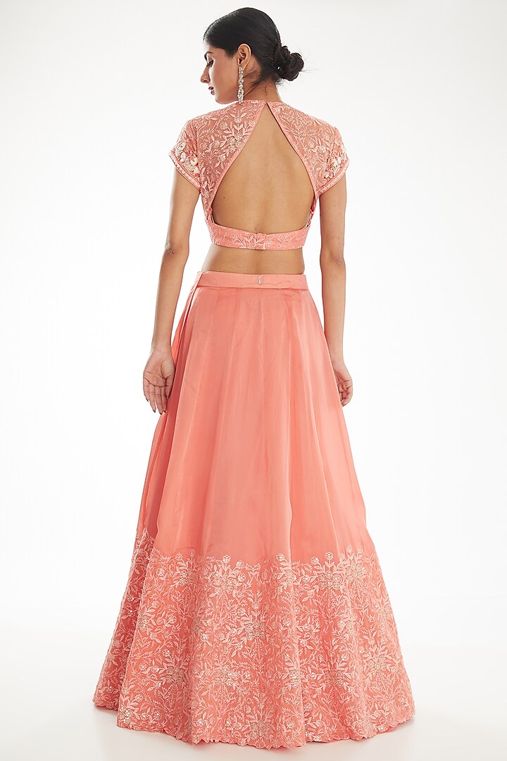Dark Peach Organza & Silk Sequins Work Wedding Lehenga Saree Set by Nidhi Kejriwal at Pernia's Pop Up Shop