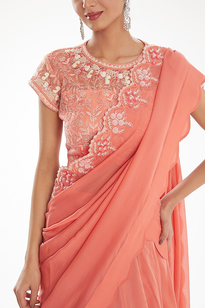 Dark Peach Organza & Silk Sequins Work Wedding Lehenga Saree Set by Nidhi Kejriwal at Pernia's Pop Up Shop