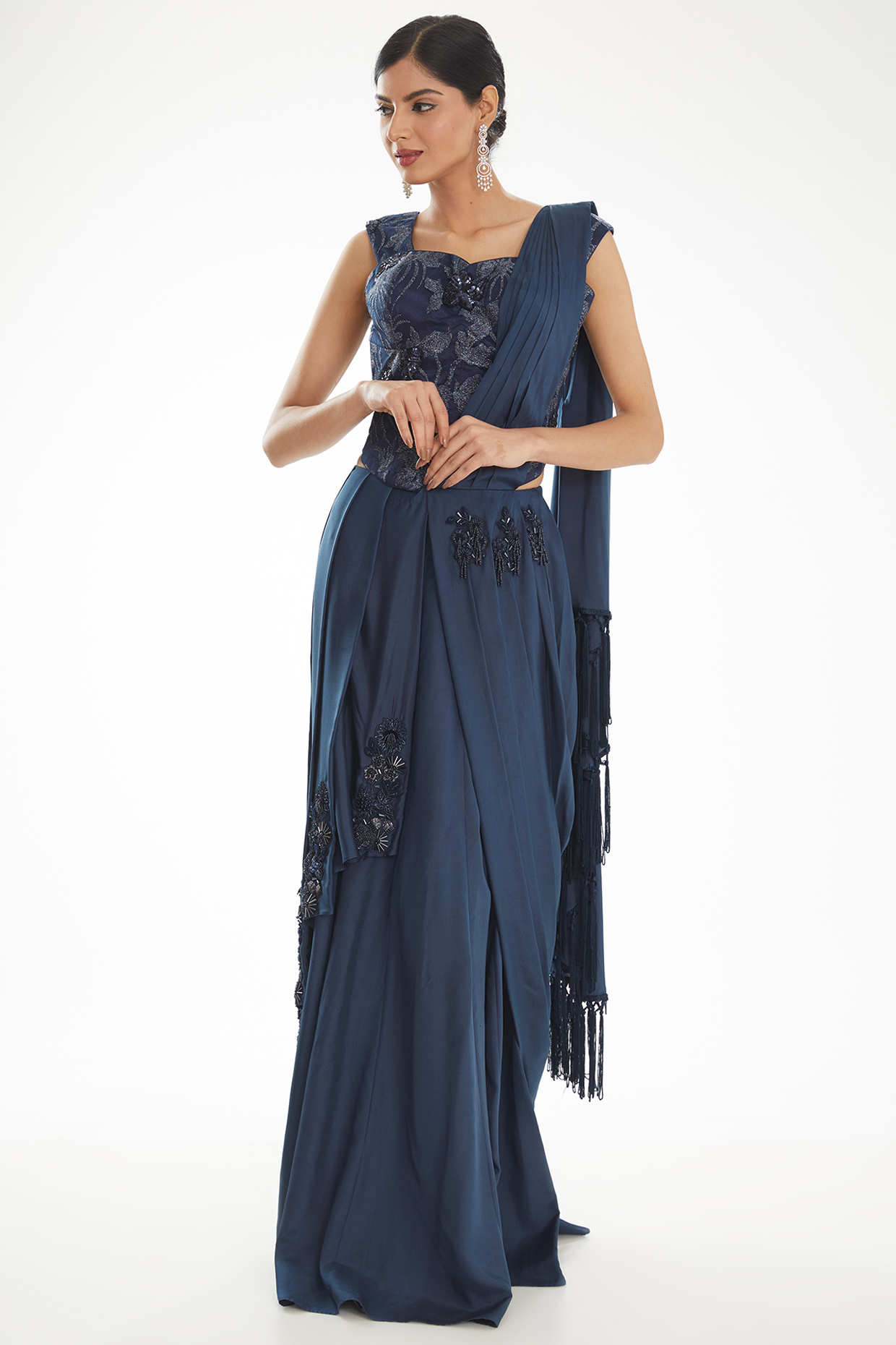 Blue Zari Net & Cepe Silk Sequins Work Draped Wedding Saree Set by Nidhi Kejriwal at Pernia's Pop Up Shop