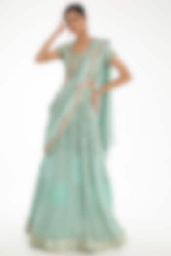 Firozi Georgette Thread & Sequins Work Jacket Wedding Lehenga Saree Set by Nidhi Kejriwal at Pernia's Pop Up Shop