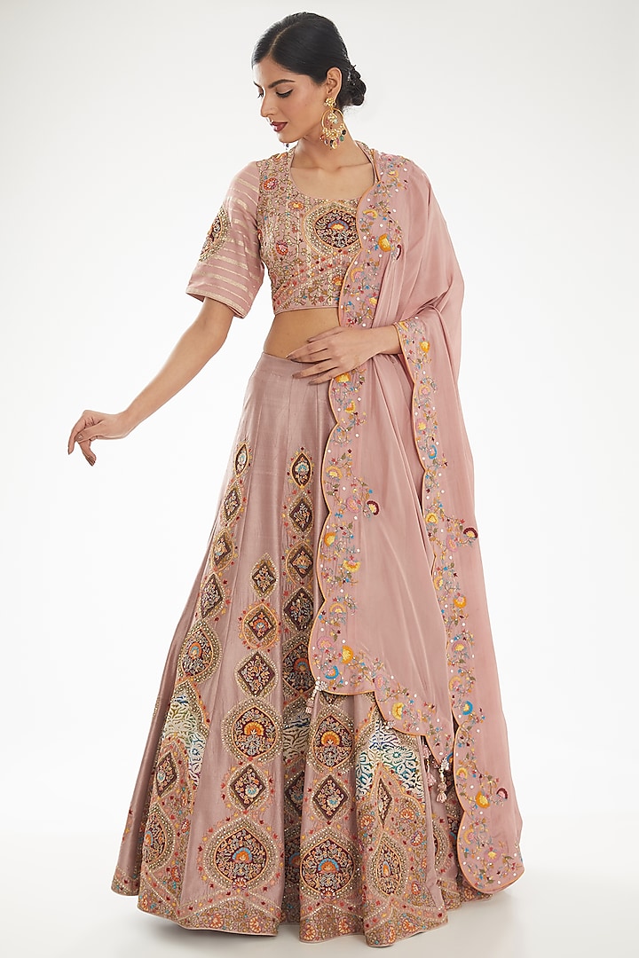 Onion Pink Silk & Dupion Silk Sequins Work Wedding Lehenga Set by Nidhi Kejriwal at Pernia's Pop Up Shop