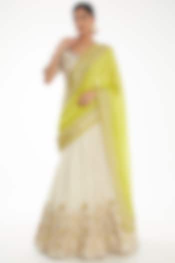 Greenish Yellow Self Zari Georgette Draped Wedding Lehenga Saree Set by Nidhi Kejriwal at Pernia's Pop Up Shop