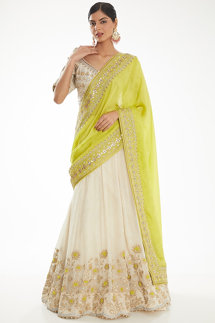 Greenish Yellow Self Zari Georgette Draped Wedding Lehenga Saree Set by Nidhi Kejriwal at Pernia's Pop Up Shop