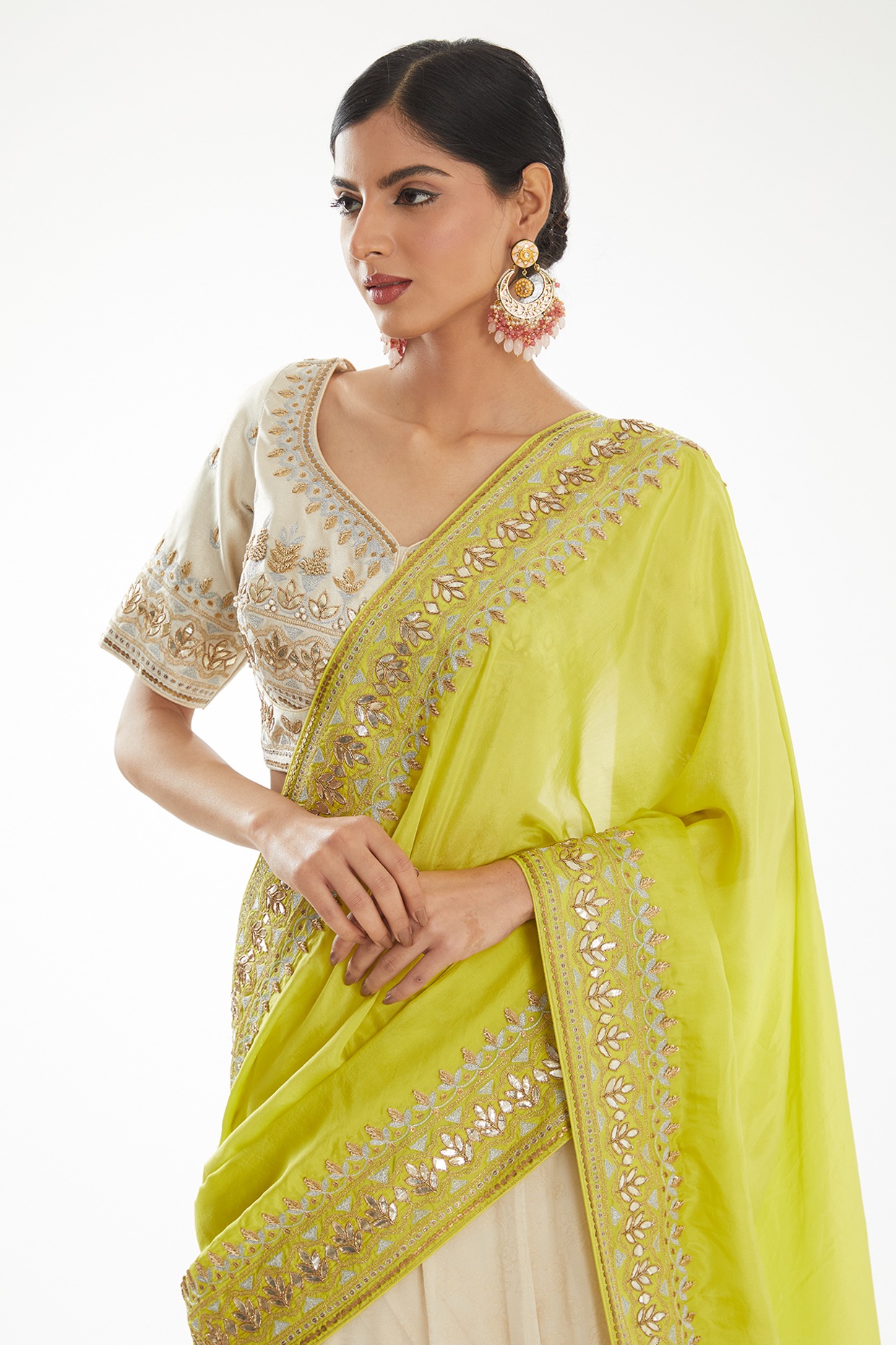 Mustard Georgette Zari and Sequins Embroidered Saree – Meena Bazaar