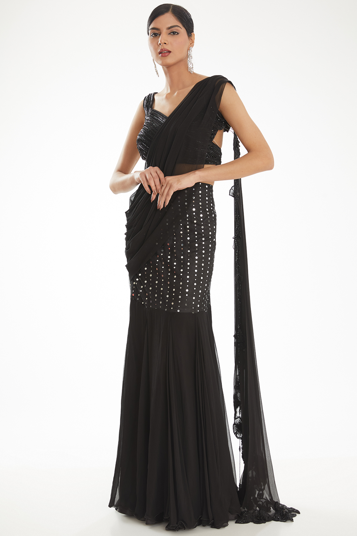 Black Net & Flat Chiffon Sequins Work Draped Wedding Saree Set by Nidhi Kejriwal at Pernia's Pop Up Shop