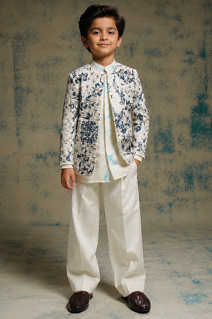 Ivory Linen Silk Zardosi Embroidered Indowestern Set For Boys by Jatin Malik Kids at Pernia's Pop Up Shop